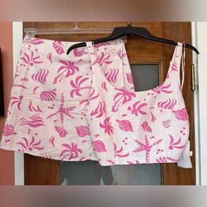 Midnight Sky 2 Pc Linen Blend White & Hot Pink Crop Top Mini Skirt Beachy Set S